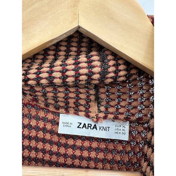 Zara Sweater Women XL Tan Black Red Long Sleeve Open Front Knit Cardigan - Picture 6 of 10